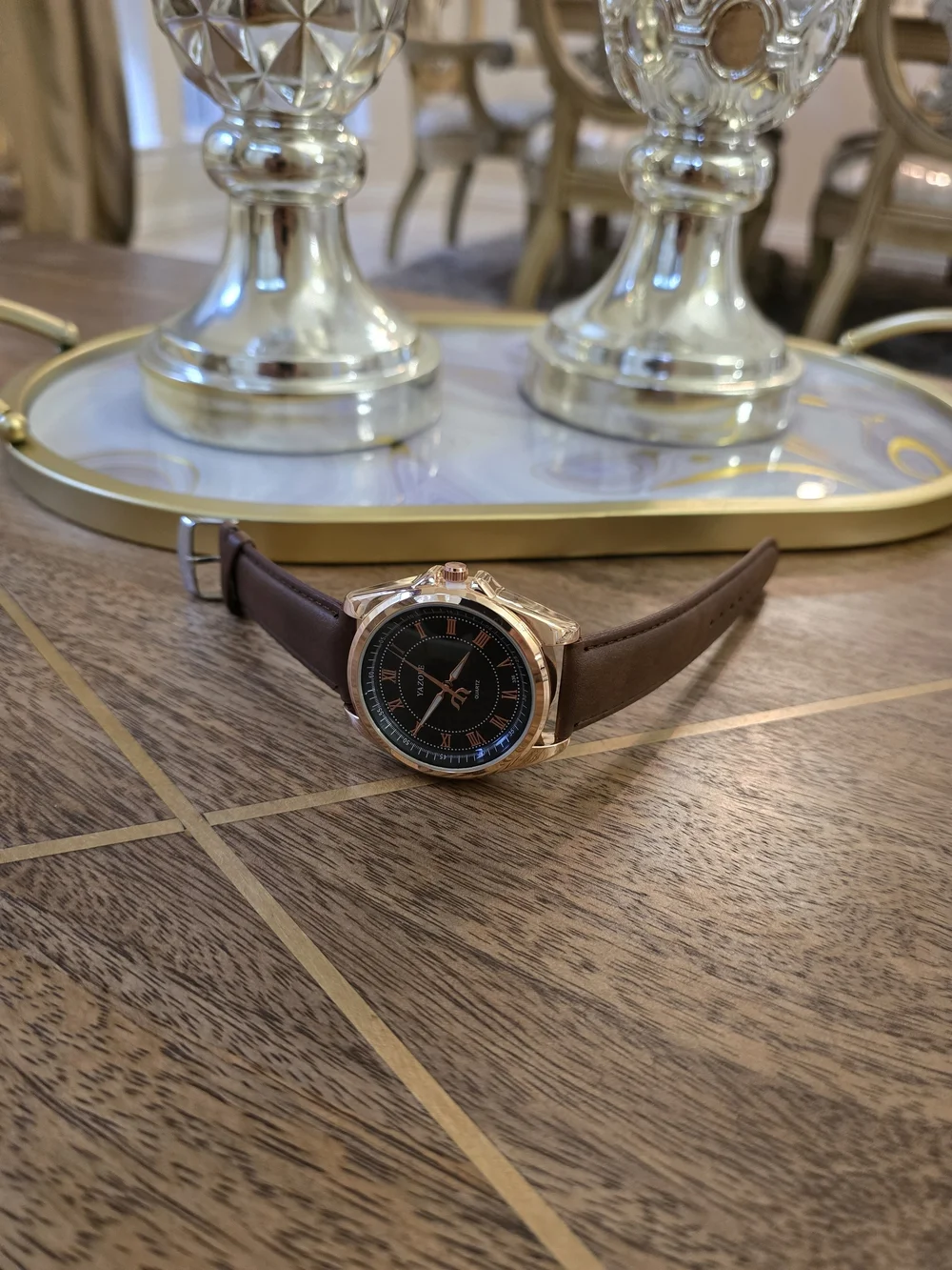 Men's Black Dial Brown Leather Strap Watch - Rose Gold Case